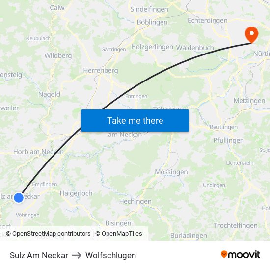 Sulz Am Neckar to Wolfschlugen map