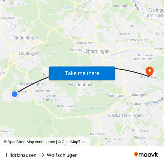 Hildrizhausen to Wolfschlugen map