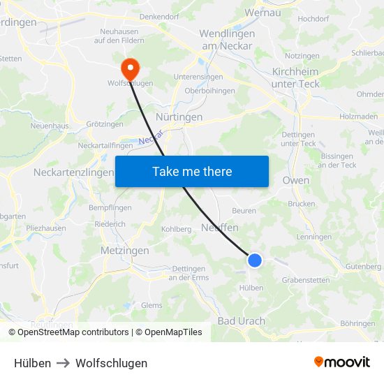 Hülben to Wolfschlugen map