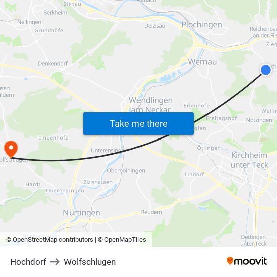 Hochdorf to Wolfschlugen map