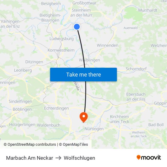 Marbach Am Neckar to Wolfschlugen map