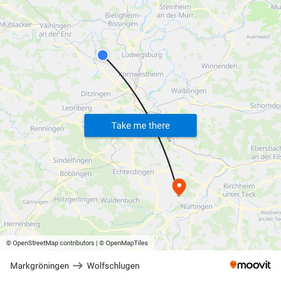 Markgröningen to Wolfschlugen map