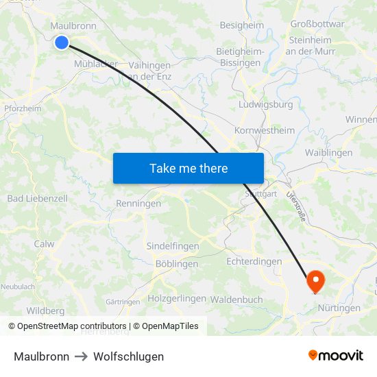 Maulbronn to Wolfschlugen map