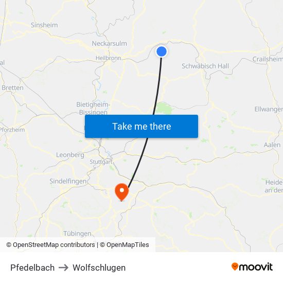 Pfedelbach to Wolfschlugen map