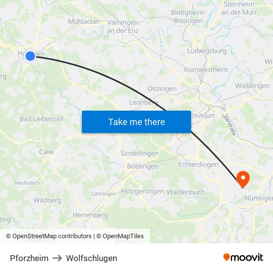 Pforzheim to Wolfschlugen map