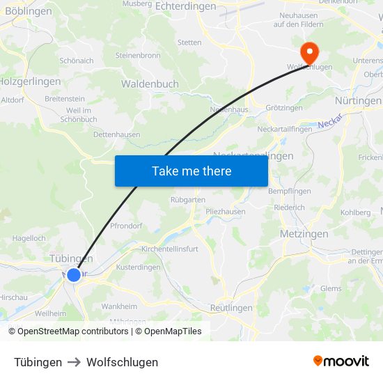 Tübingen to Wolfschlugen map