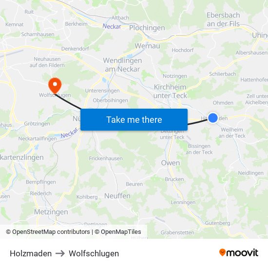 Holzmaden to Wolfschlugen map