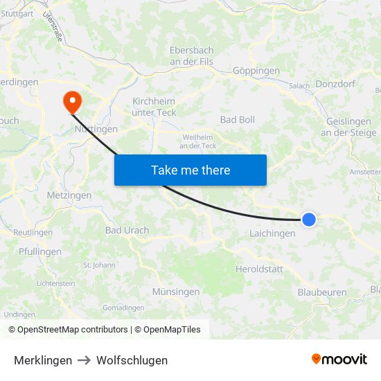 Merklingen to Wolfschlugen map