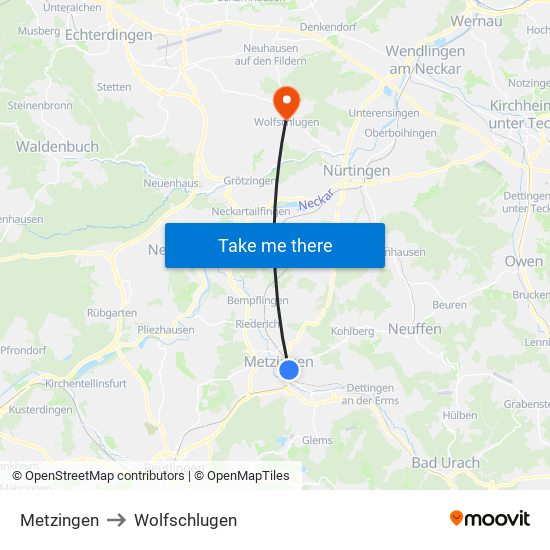 Metzingen to Wolfschlugen map