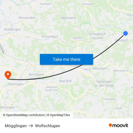 Mögglingen to Wolfschlugen map