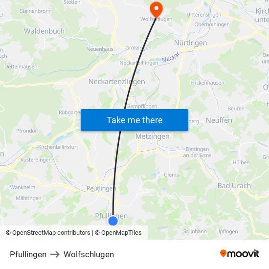 Pfullingen to Wolfschlugen map