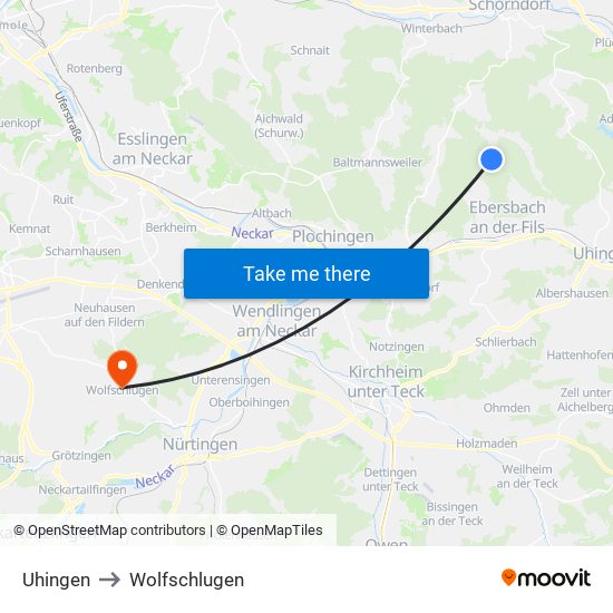 Uhingen to Wolfschlugen map