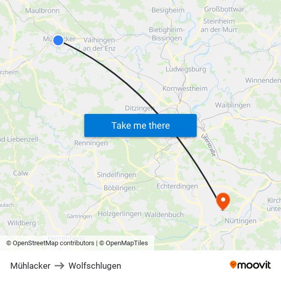 Mühlacker to Wolfschlugen map