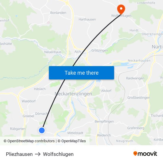 Pliezhausen to Wolfschlugen map