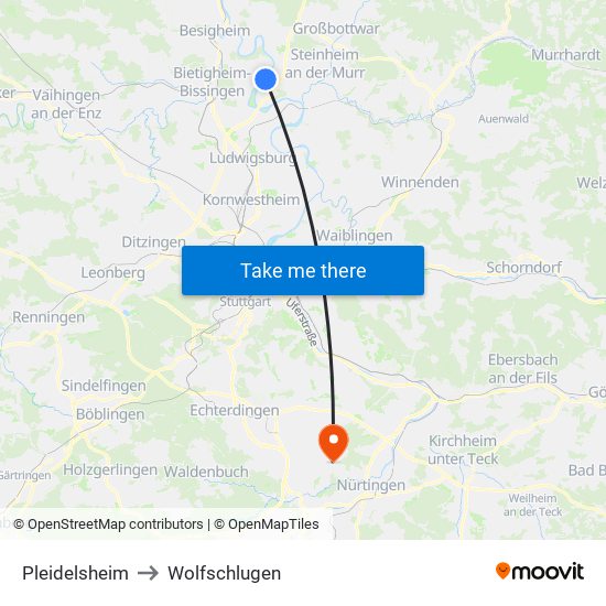 Pleidelsheim to Wolfschlugen map