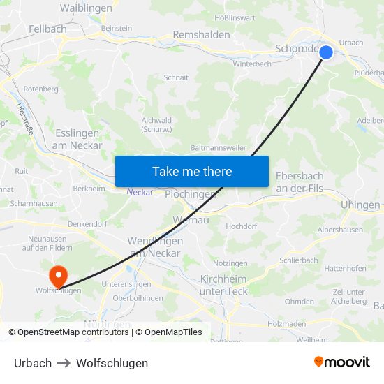 Urbach to Wolfschlugen map