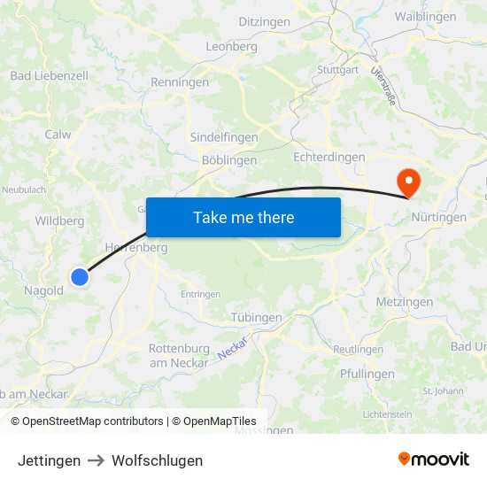 Jettingen to Wolfschlugen map