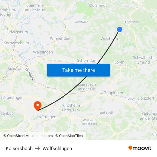 Kaisersbach to Wolfschlugen map