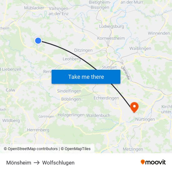 Mönsheim to Wolfschlugen map