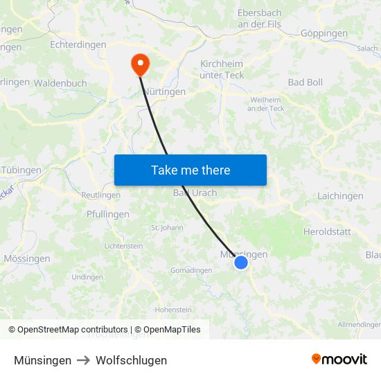 Münsingen to Wolfschlugen map