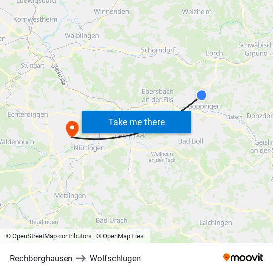 Rechberghausen to Wolfschlugen map