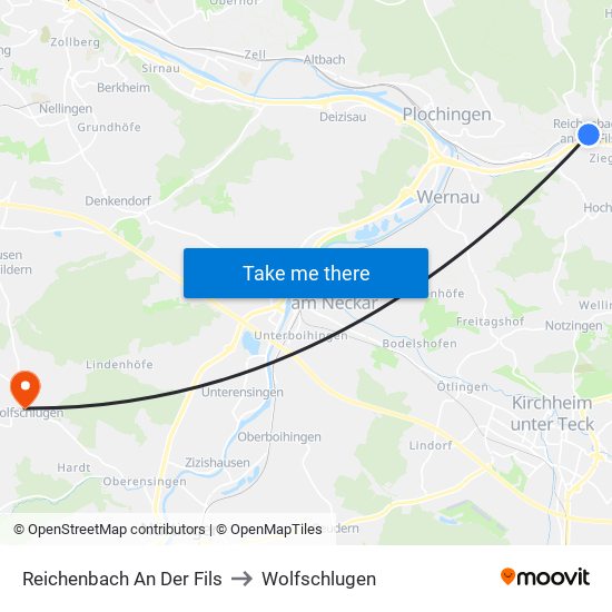 Reichenbach An Der Fils to Wolfschlugen map