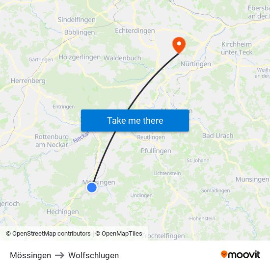 Mössingen to Wolfschlugen map