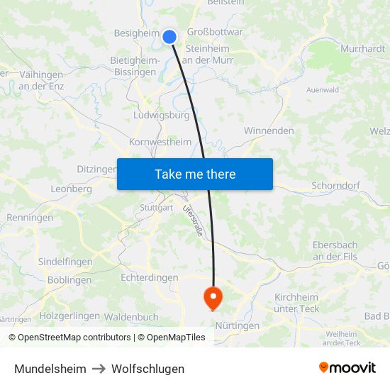 Mundelsheim to Wolfschlugen map