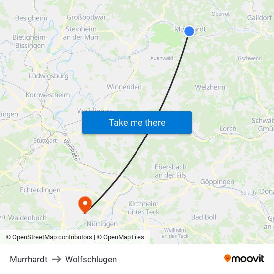 Murrhardt to Wolfschlugen map