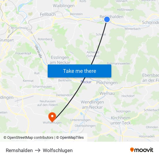 Remshalden to Wolfschlugen map