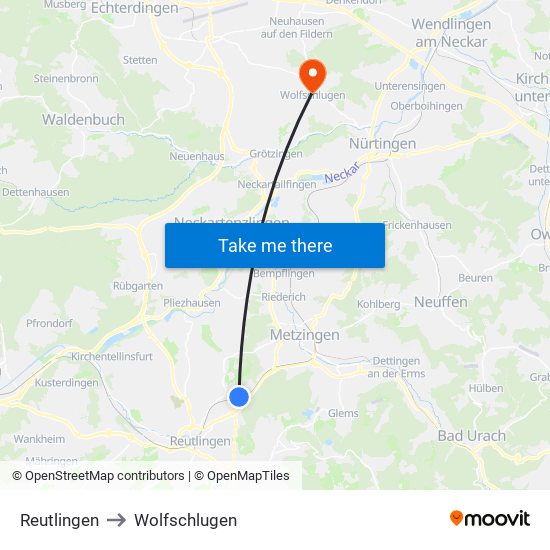 Reutlingen to Wolfschlugen map