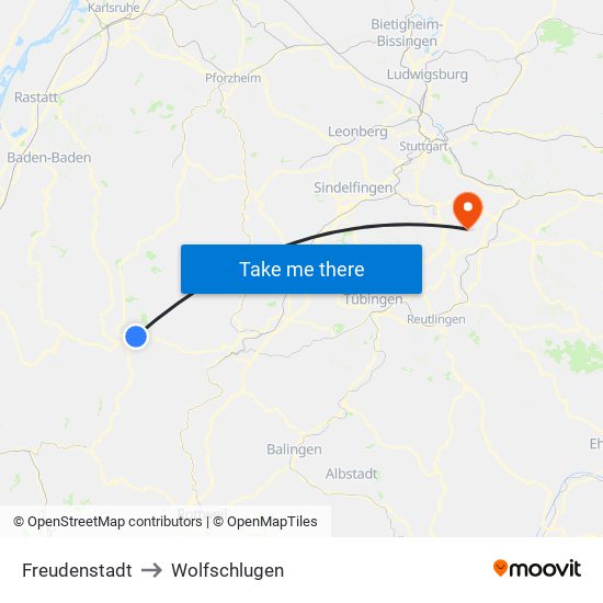 Freudenstadt to Wolfschlugen map