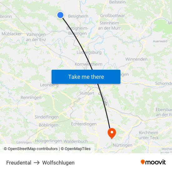 Freudental to Wolfschlugen map