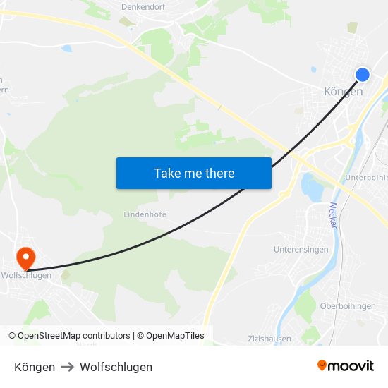 Köngen to Wolfschlugen map