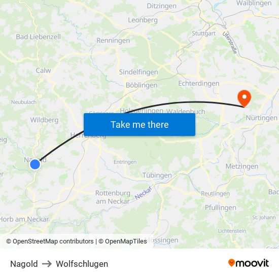 Nagold to Wolfschlugen map