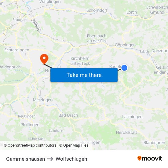Gammelshausen to Wolfschlugen map