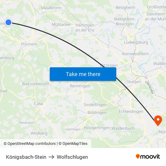 Königsbach-Stein to Wolfschlugen map