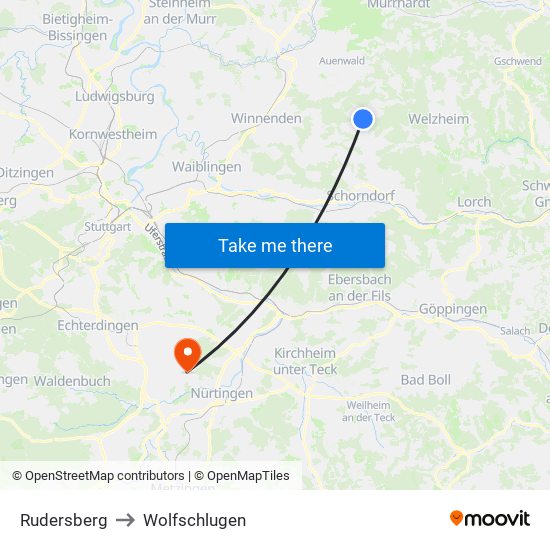 Rudersberg to Wolfschlugen map