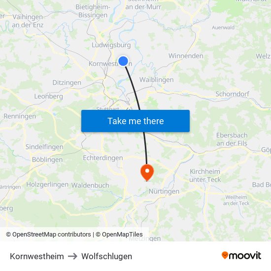 Kornwestheim to Wolfschlugen map