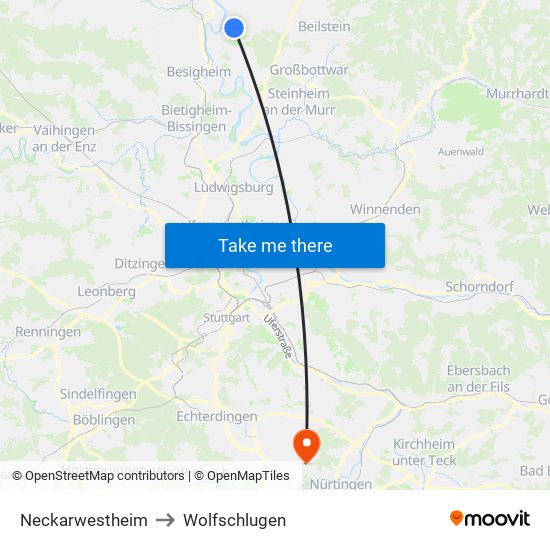 Neckarwestheim to Wolfschlugen map