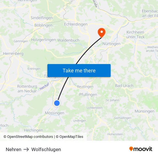 Nehren to Wolfschlugen map