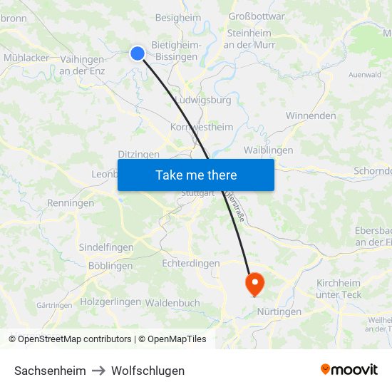 Sachsenheim to Wolfschlugen map