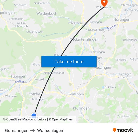 Gomaringen to Wolfschlugen map