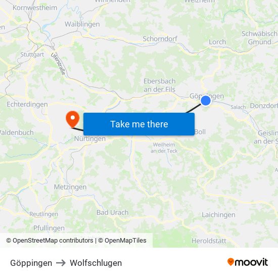 Göppingen to Wolfschlugen map