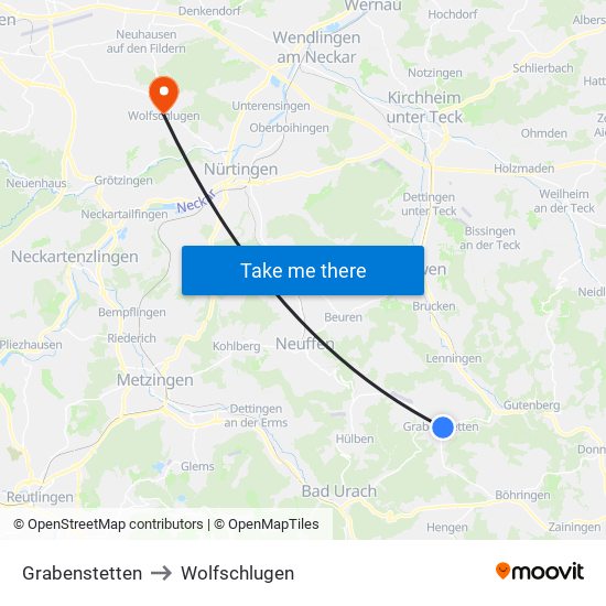 Grabenstetten to Wolfschlugen map