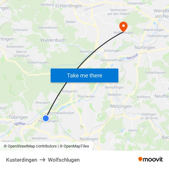Kusterdingen to Wolfschlugen map