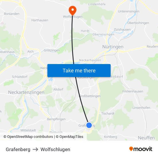 Grafenberg to Wolfschlugen map