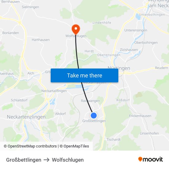 Großbettlingen to Wolfschlugen map