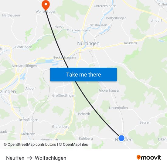 Neuffen to Wolfschlugen map