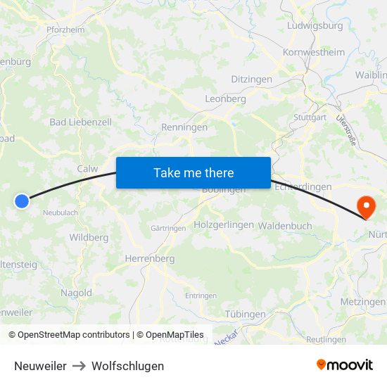 Neuweiler to Wolfschlugen map